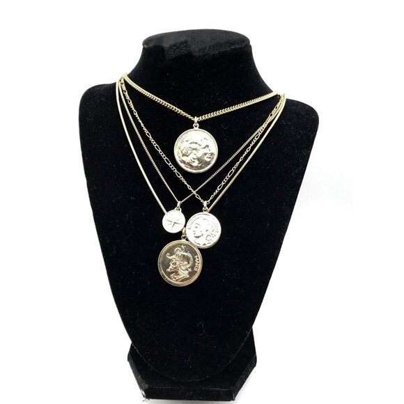 Roman Coin Layered Necklace NWOT Gold Tone Multi Strand Waterfall - Picture 1 of 7